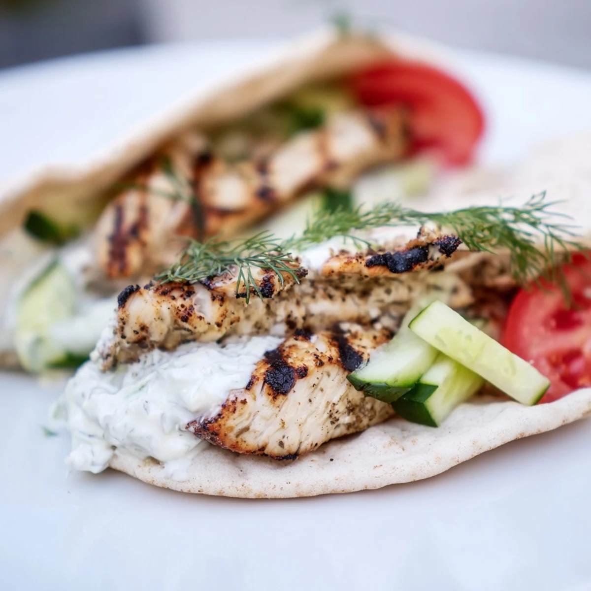 Juicy Greek Chicken Wrap with grilled chicken, creamy tzatziki, and fresh veggies, served on a soft pita.  