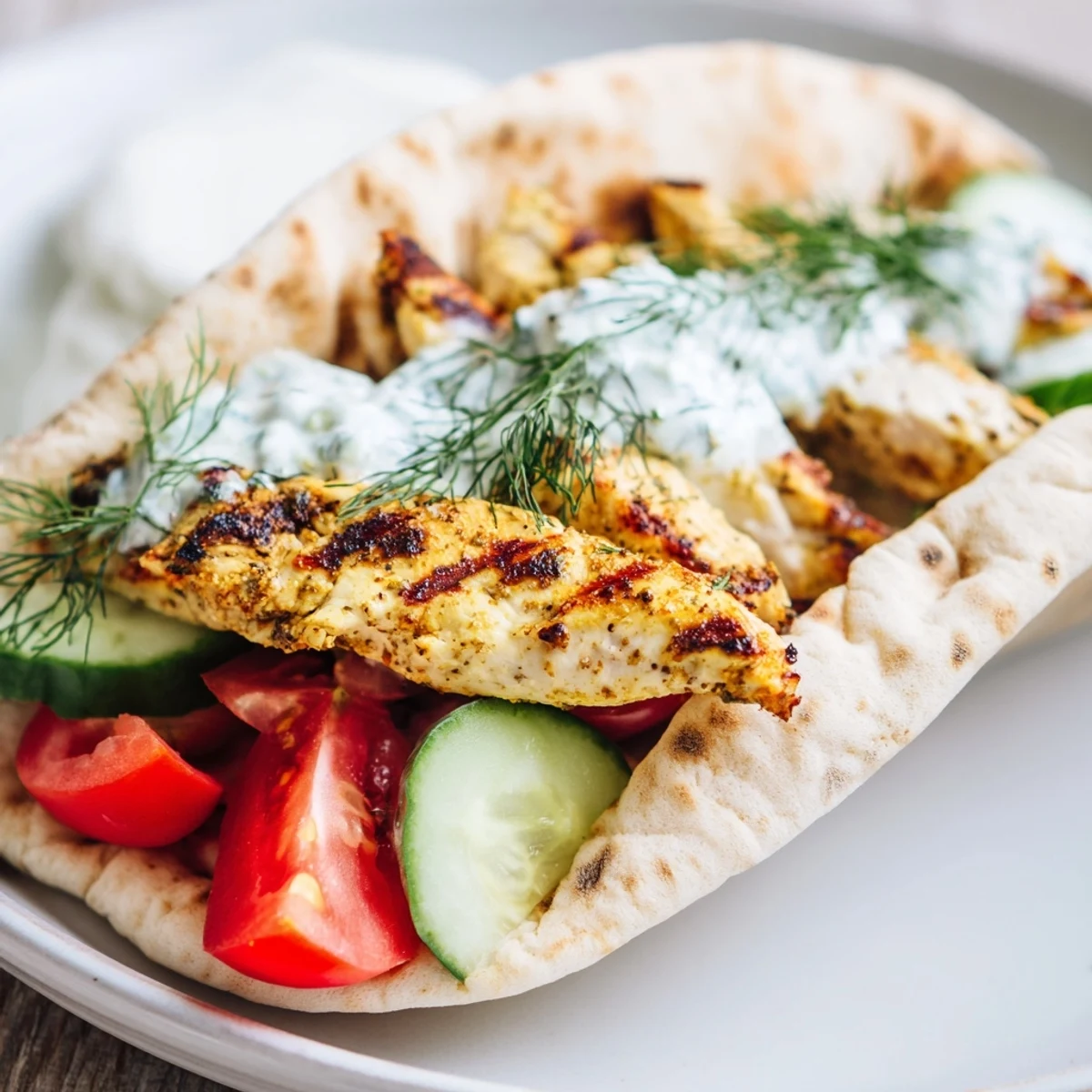 Freshly assembled Greek Chicken Wrap with tender chicken, tangy tzatziki, and vibrant Mediterranean ingredients.