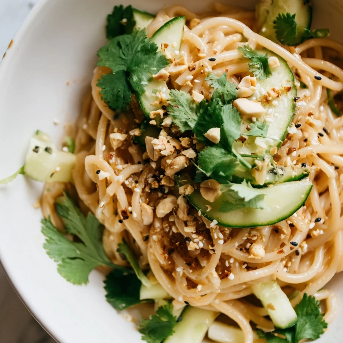 Geschmacksintensive Spicy Sesame Noodle Salad, gekühlte Nudeln mit kräftiger Sesam-Chili-Soße, Gurkenstreifen und frischen Kräutern für ein erfrischendes Mittagessen.