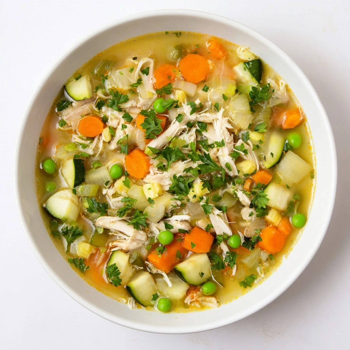 Frische Frühlingsgemüse und zarte Hühnchenstreifen in einer klaren Brühe, garniert mit Petersilie, in einer weiten Schüssel für den schnellen Mittagstisch.