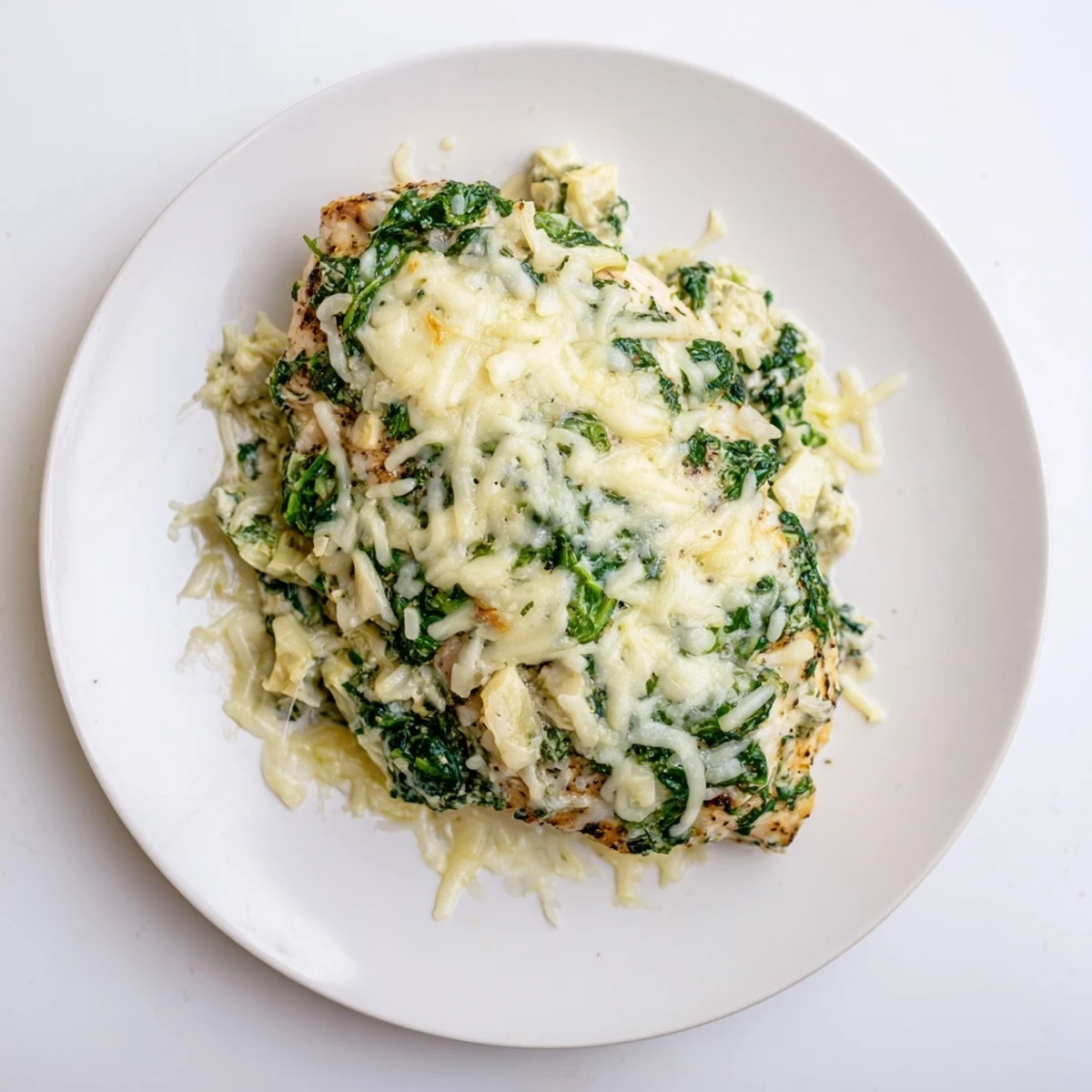 Goldbraunes Spinat-Artischocken-Hähnchen im Ofen, goldbraun gebacken und mit geschmolzenem Käse und sahnigem griechischem Joghurt verziert.