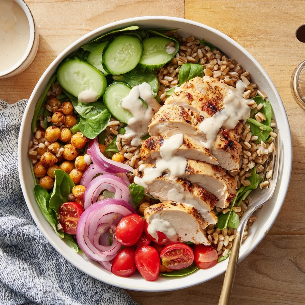 Saftiges gebackenes Hähnchen mit würziger Gewürzmischung, gerösteten Kichererbsen und frischen Gurkenstücken auf der Power Bowl mit nahrhaftem Farro.