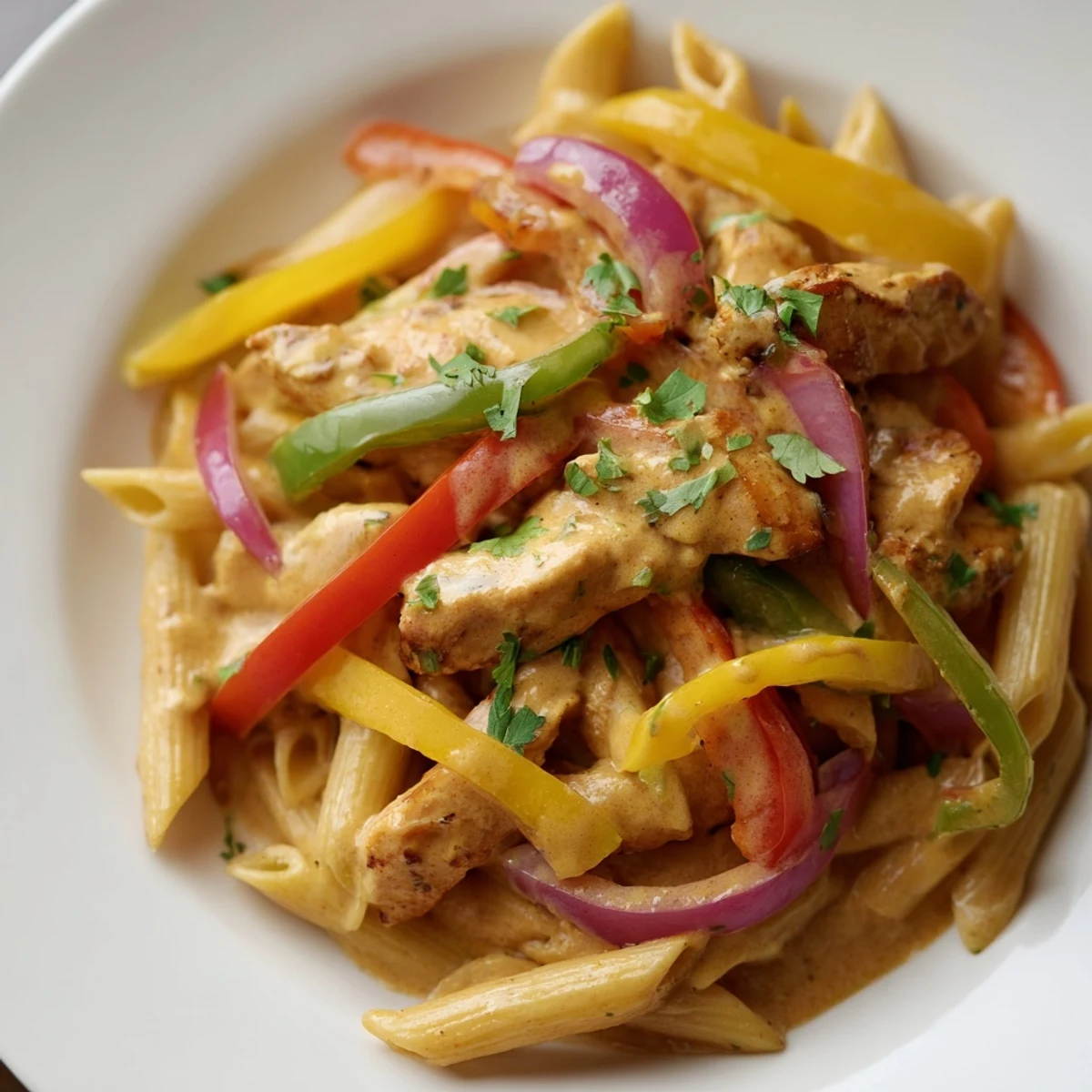 Ein farbenfrohes, Tex-Mex-inspiriertes Fajita Chicken Pasta Skillet in einer Edelstahlpfanne, garniert mit frischem Koriander und Limettenscheiben.