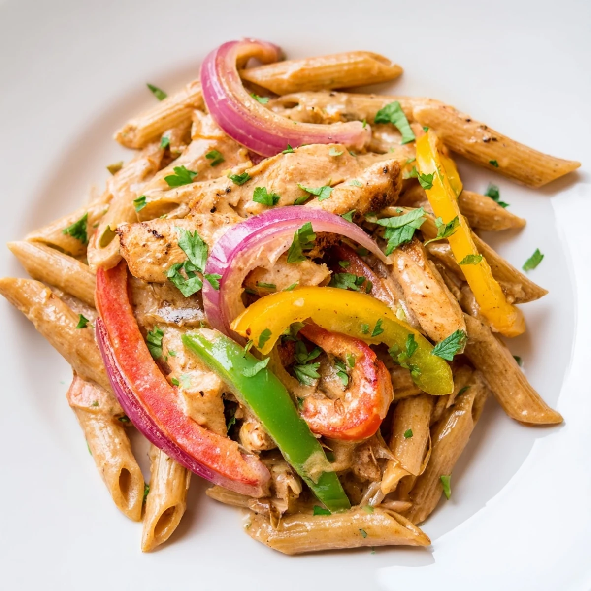 Leckeres Fajita Chicken Pasta Skillet auf einem teller mit cremiger Käsesoße, bunten Paprika und Gewürzen.