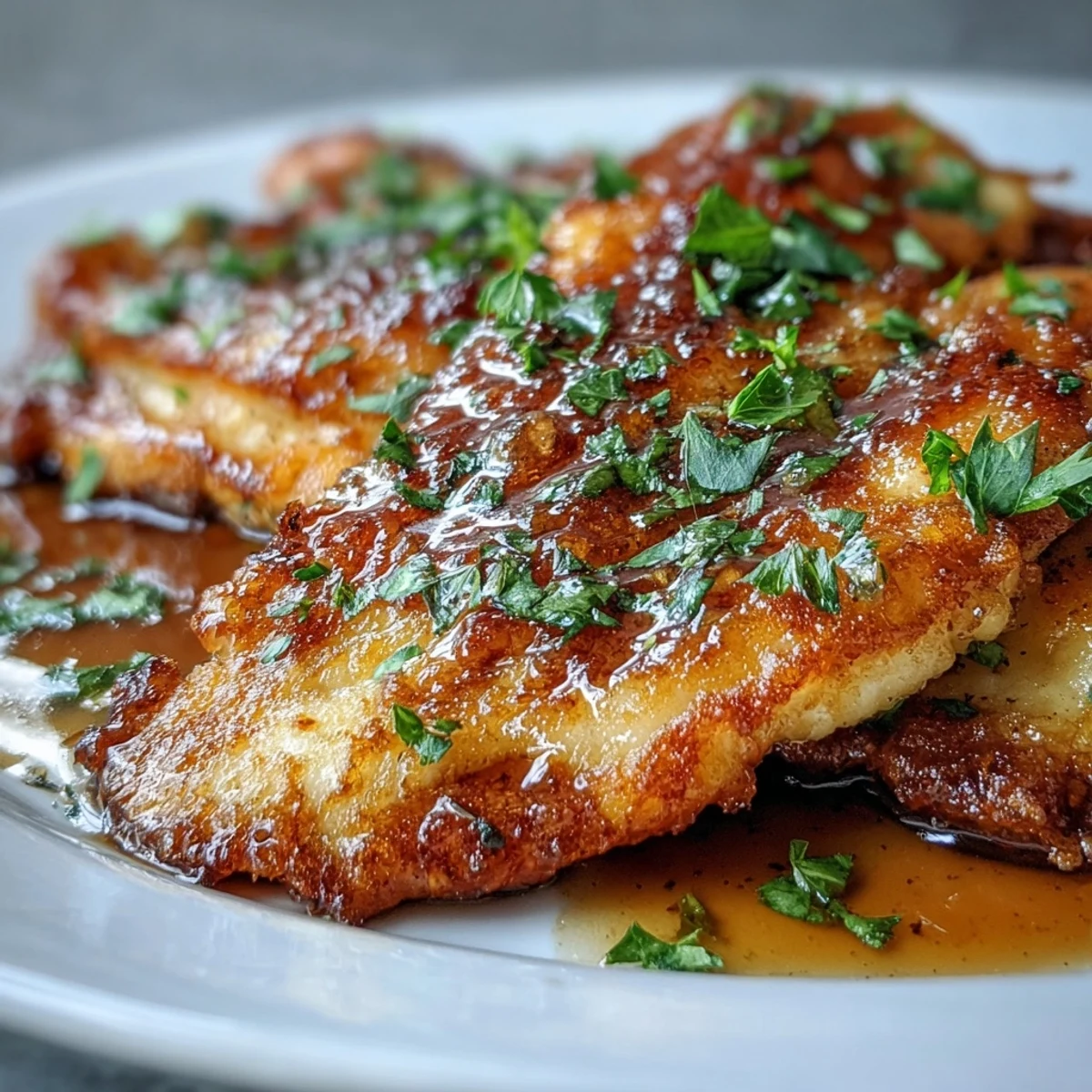 Goldene Flounder Meunière Filets in zitroniger Bratbutter, garniert mit Petersilie und frischen Zitronenspalten auf einem rustikalen Teller.