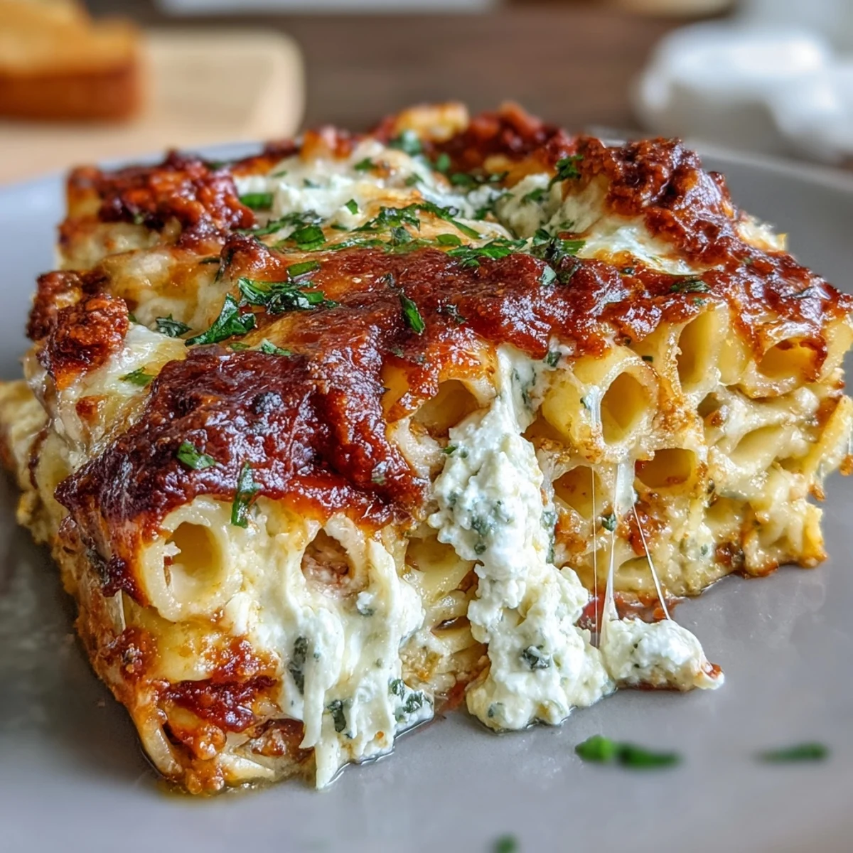 Overhead view of the Freezer Make-Ahead Baked Ziti, featuring golden melted mozzarella and a hearty tomato sauce.