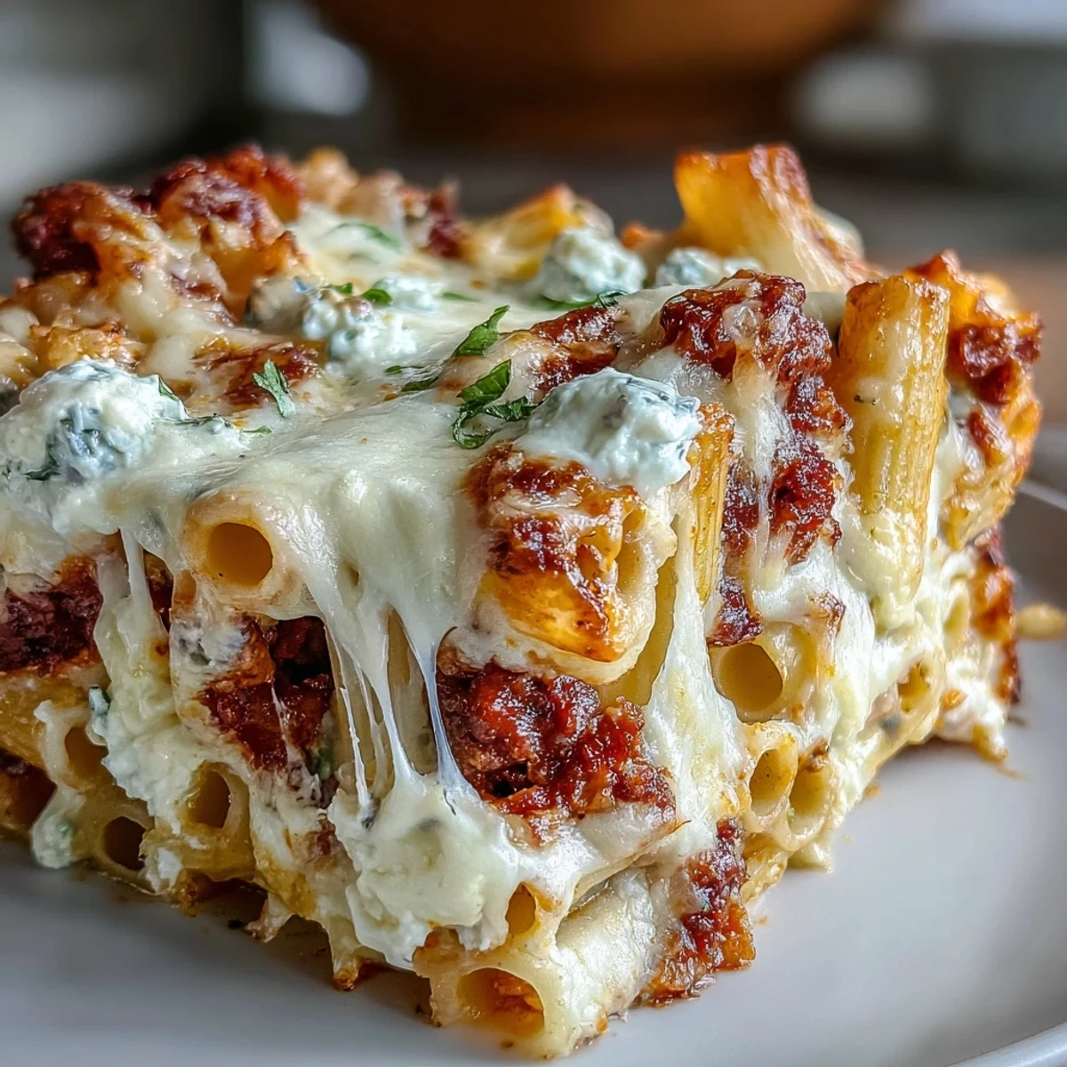 Close-up slice of Freezer Make-Ahead Baked Ziti, showing creamy ricotta layers and a rich tomato sauce.