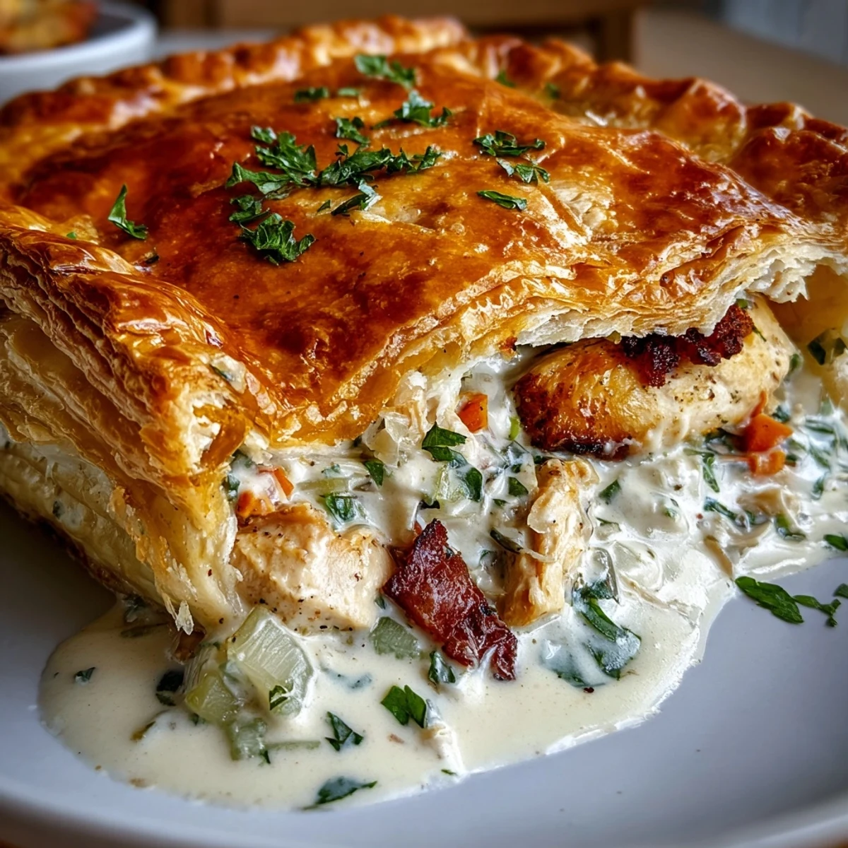 Golden-baked Chicken and Leek Pie with flaky puff pastry, served warm as a comforting main dish.