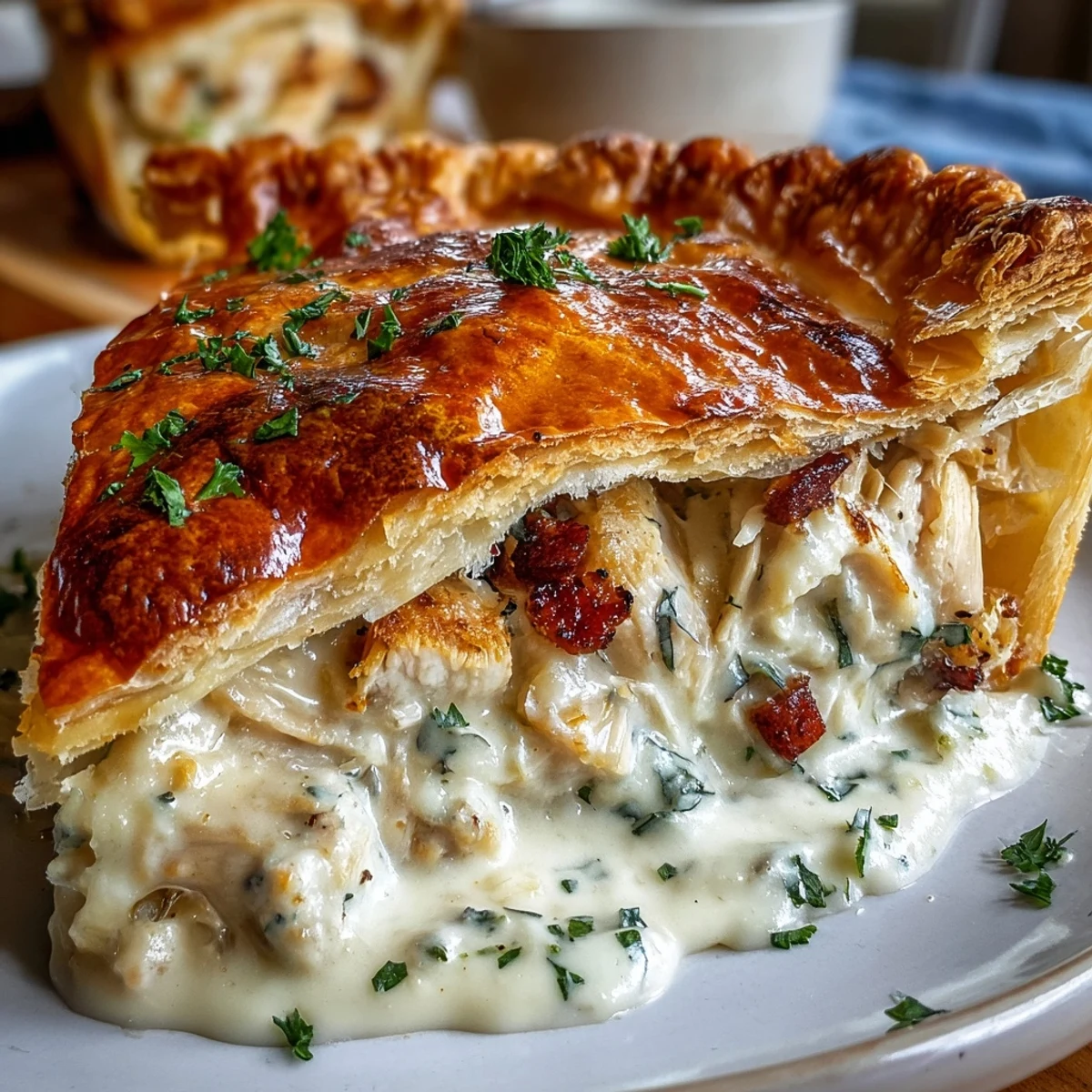 A slice of Chicken and Leek Pie revealing creamy sauce, tender chicken, and sautéed leeks.