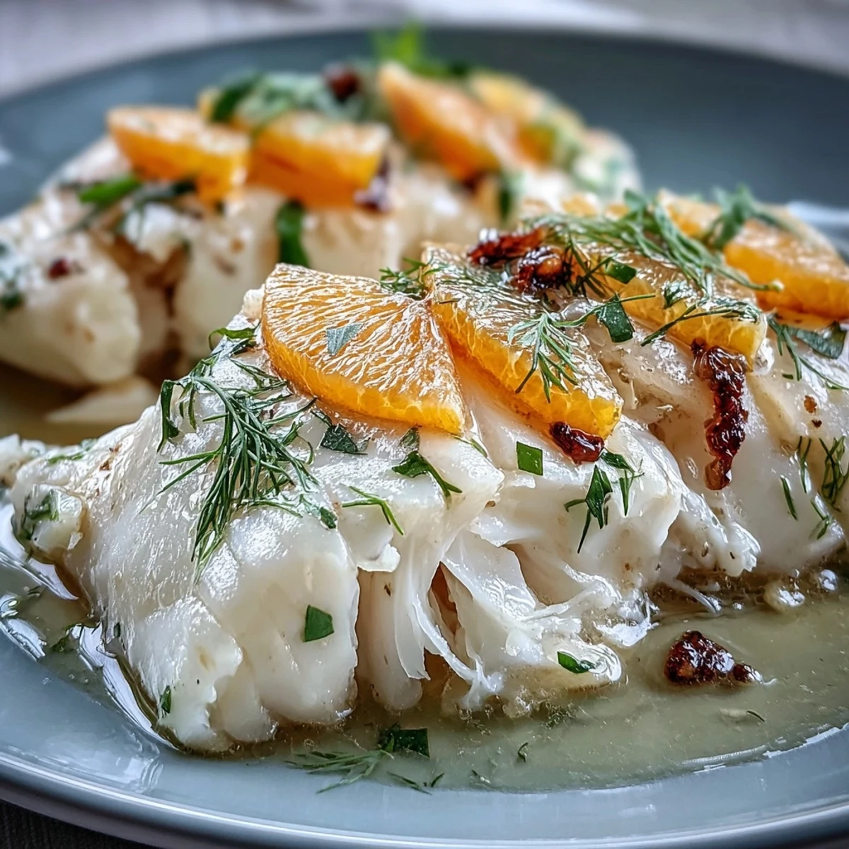 Zartes pochiertes Kabeljaufilet mit Fenchel und Orange.