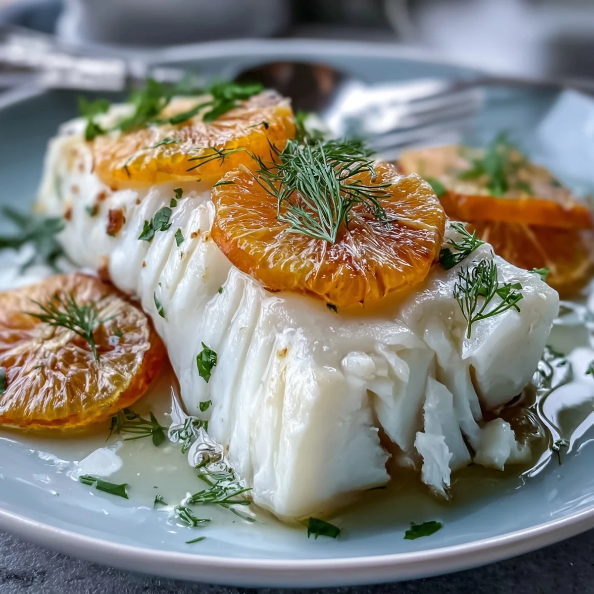 Verführerisches pochiertes Kabeljaugericht mit mediterranem Fenchel-Orangen-Aroma.