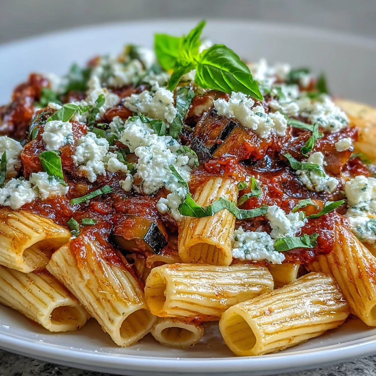 A vibrant plate of Sicilian Pasta Alla Norma with tender eggplant cubes and a flavorful, homemade tomato basil sauce.