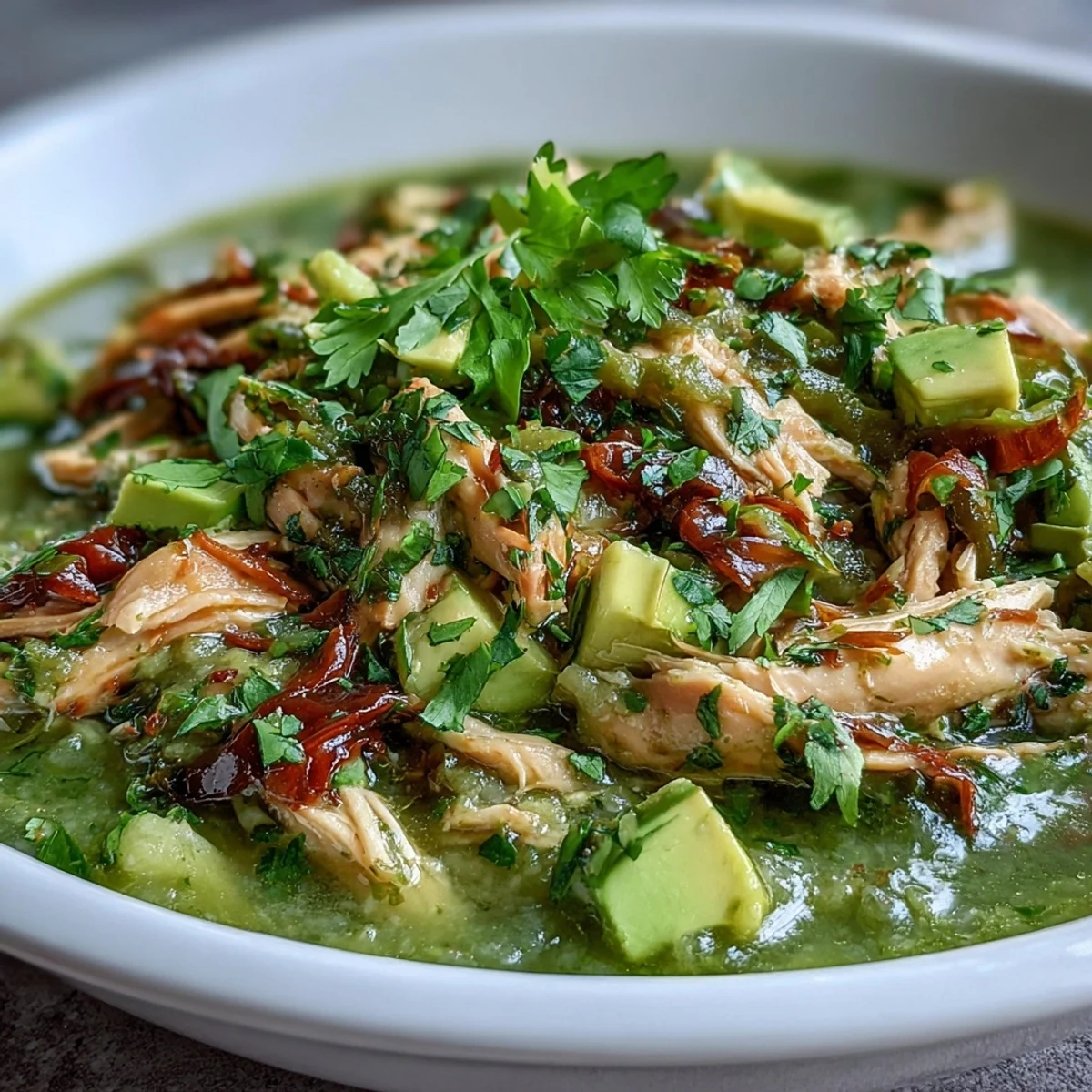 A bowl of homemade Chicken Chili Verde with tender shredded chicken in a vibrant green sauce, garnished with fresh cilantro and avocado.