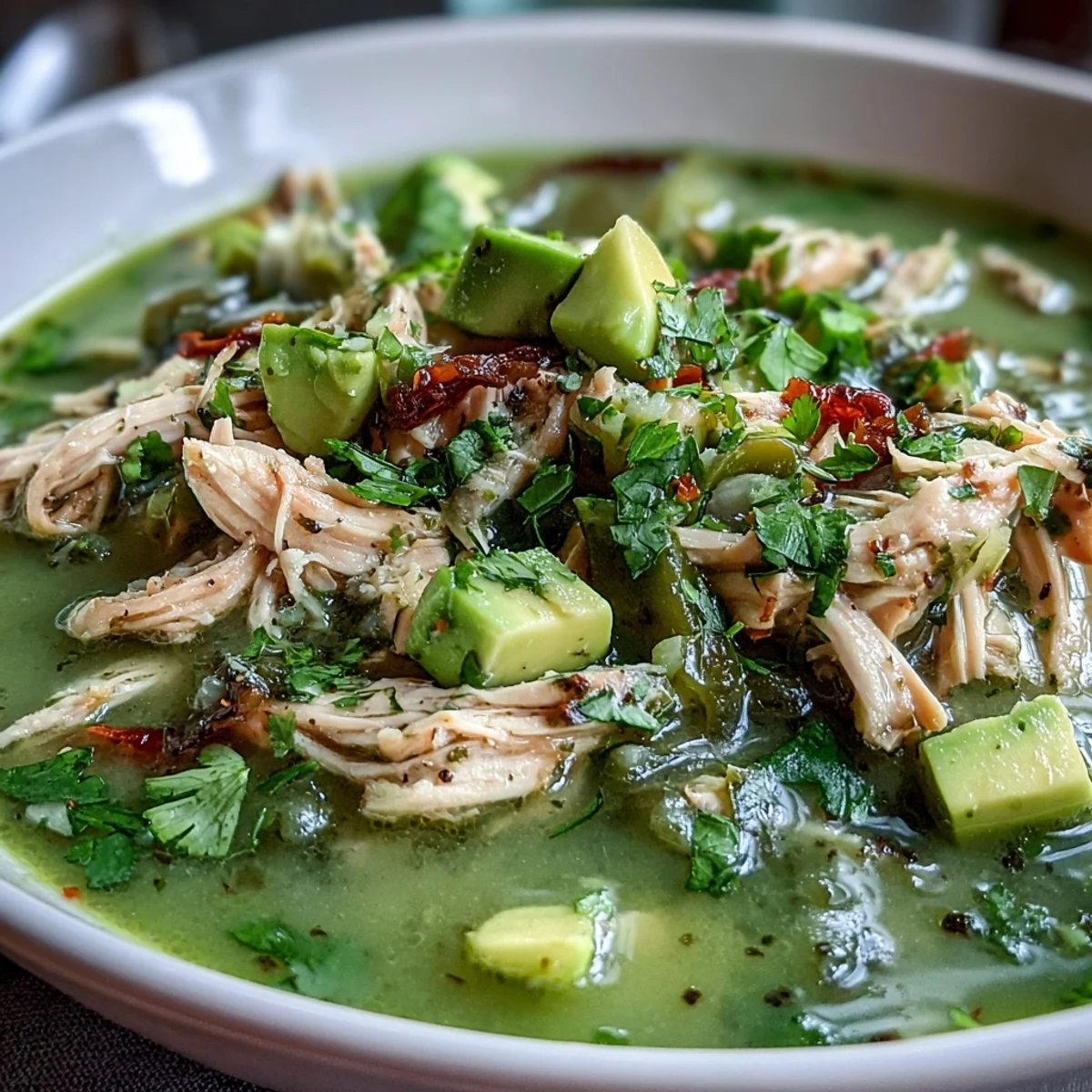 Close-up of Chicken Chili Verde topped with radishes and cilantro, showing the rich, tangy green tomatillo sauce over tender chicken.