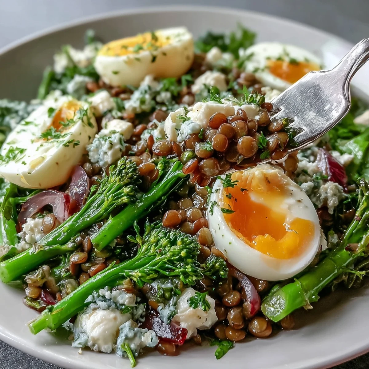 French Lentil Salad With Broccolini and Soft-Cooked Eggs garniert mit weichgekochten Eiern und glasierter Zwiebel in einer schlichten Schüssel.