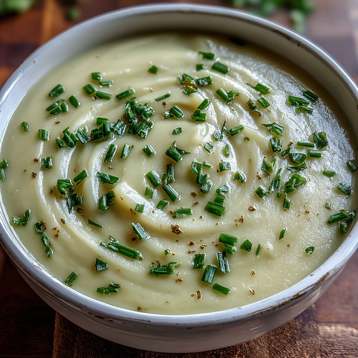 Cremige Potato Leek Soup in einer Schüssel mit frischen Chives und einem Schuss Sahne.