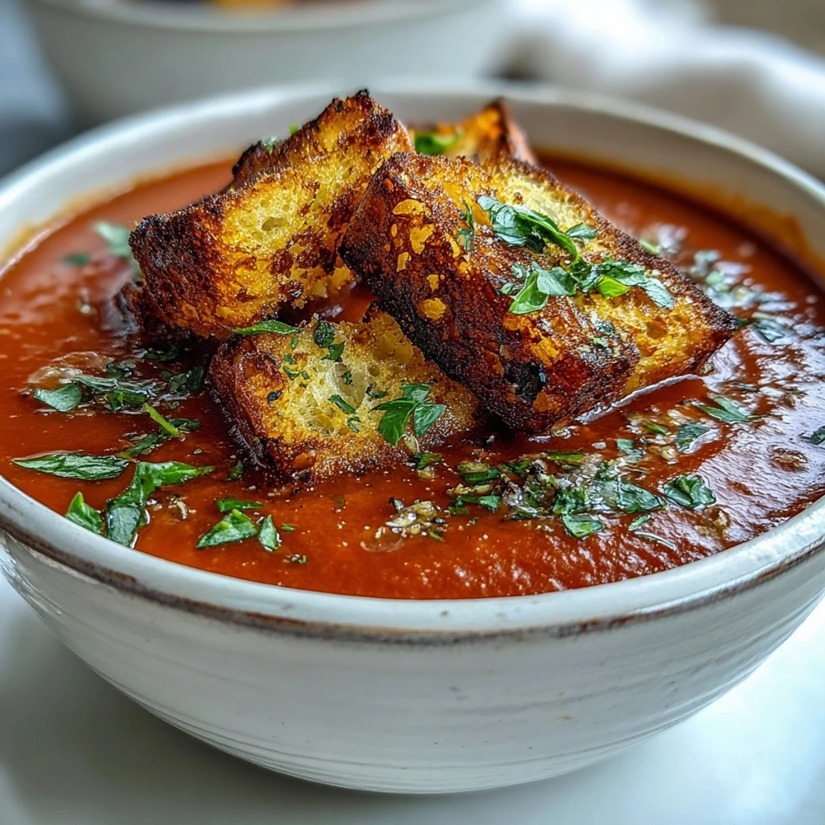 Geröstete Paprikasuppe mit knusprigen Croutons – eine samtige, orangerote Suppe mit gerösteter Paprika und frischen Kräutern.