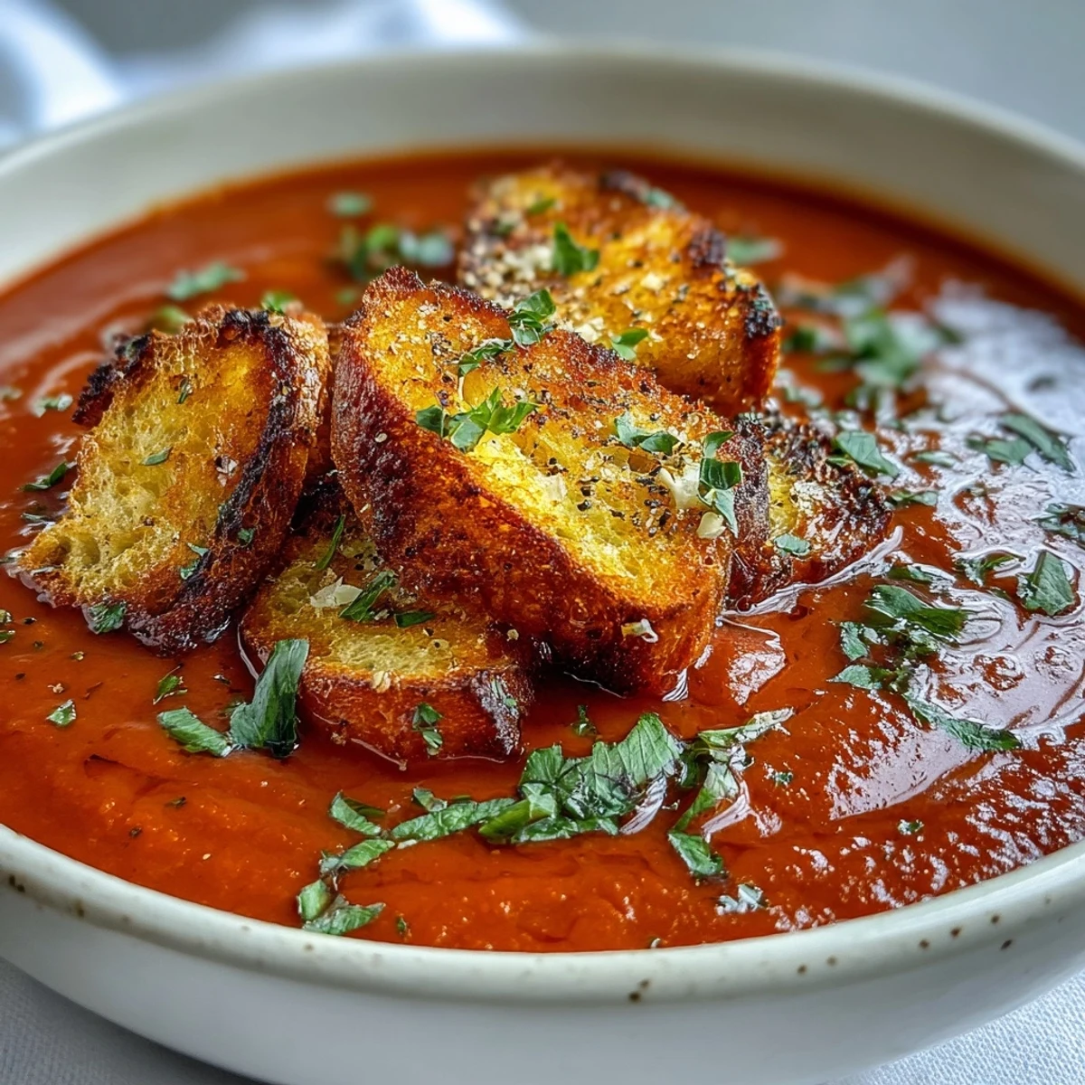 Mediterrane Geröstete Paprikasuppe mit Croutons, serviert in einer weißen Schüssel und Kräutergarnitur zum Genießen.