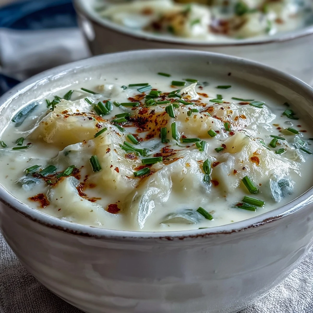 Rustikale Potato Leek Soup mit cremiger Textur und frischen Kräutern, in Schüssel serviert.