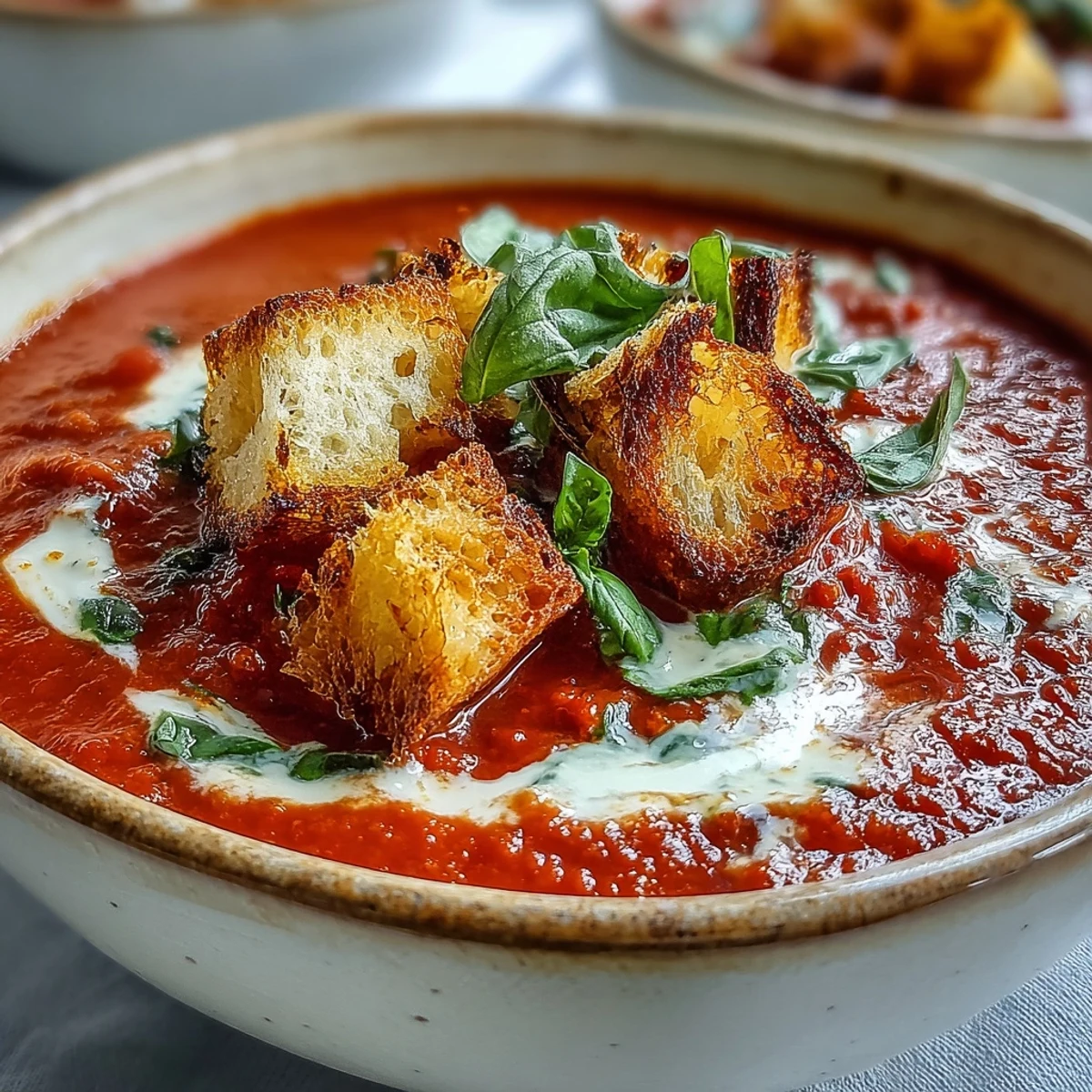 Cremige geröstete Tomatensuppe mit schwimmenden, knusprigen Croutons und einem Sahnewirbel.