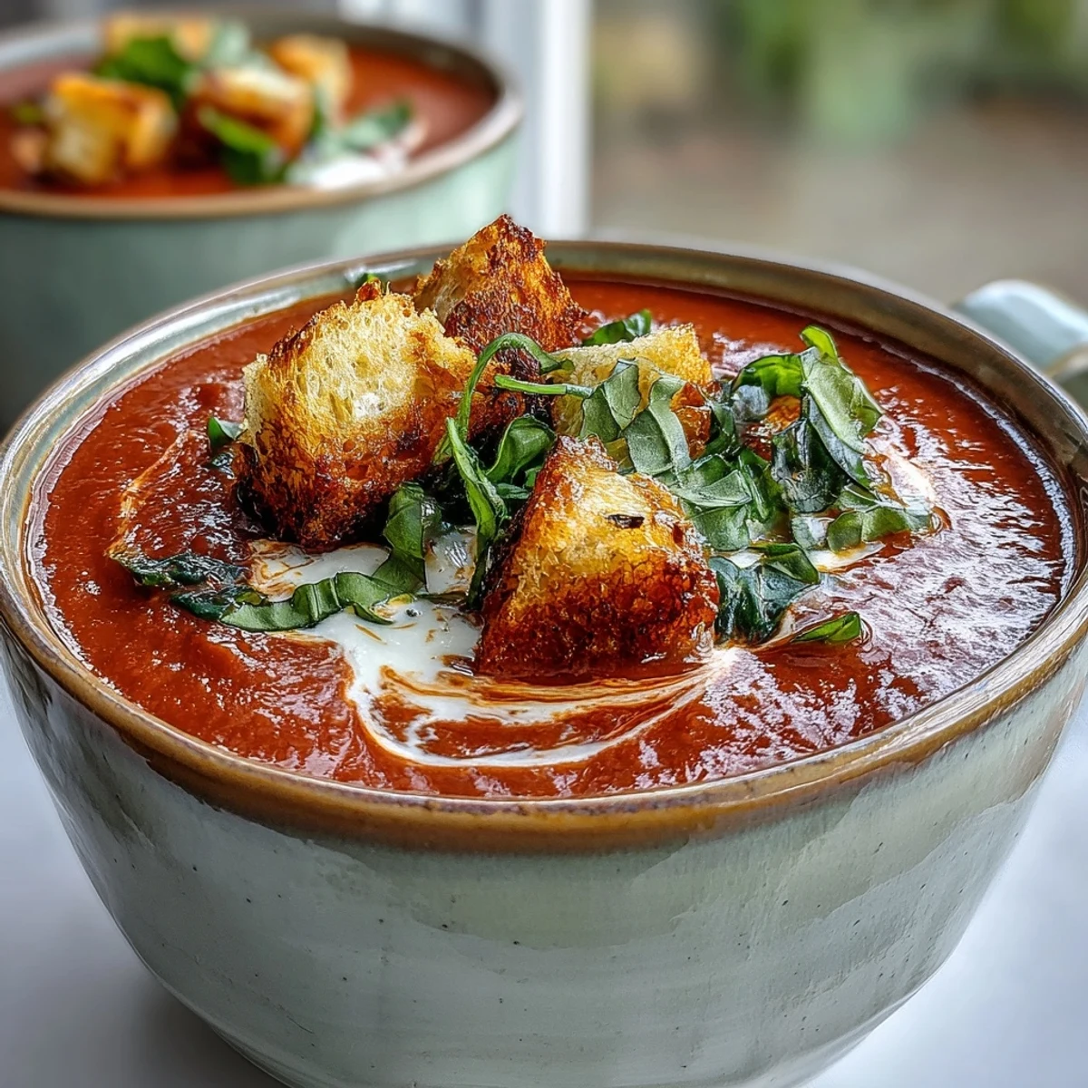 Frisch geröstete Tomatensuppe, cremig püriert und mit duftendem Basilikum belegt.
