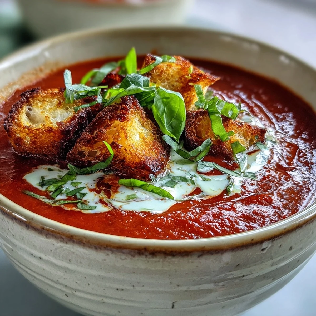 Köstliche Cremige Roast Tomatensuppe, warm serviert mit knusprigen Brotwürfeln drin.