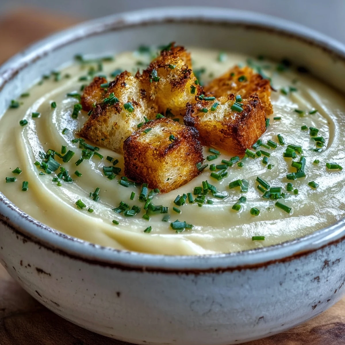 Creamy Cream of Potato Soup with chives and bacon garnish in a rustic bowl.