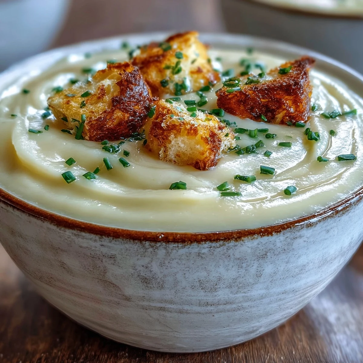 Velvety Cream of Potato Soup served with crusty bread and melted cheese on the side.