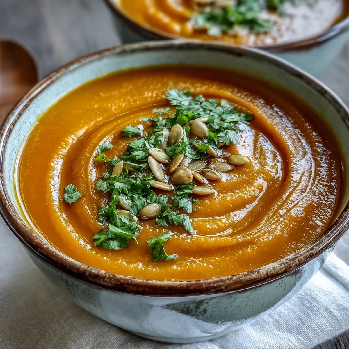 Ofenfrische Carrot Ginger Soup mit gerösteten Kürbiskernen und knusprigem Brot für den US-Herbst.