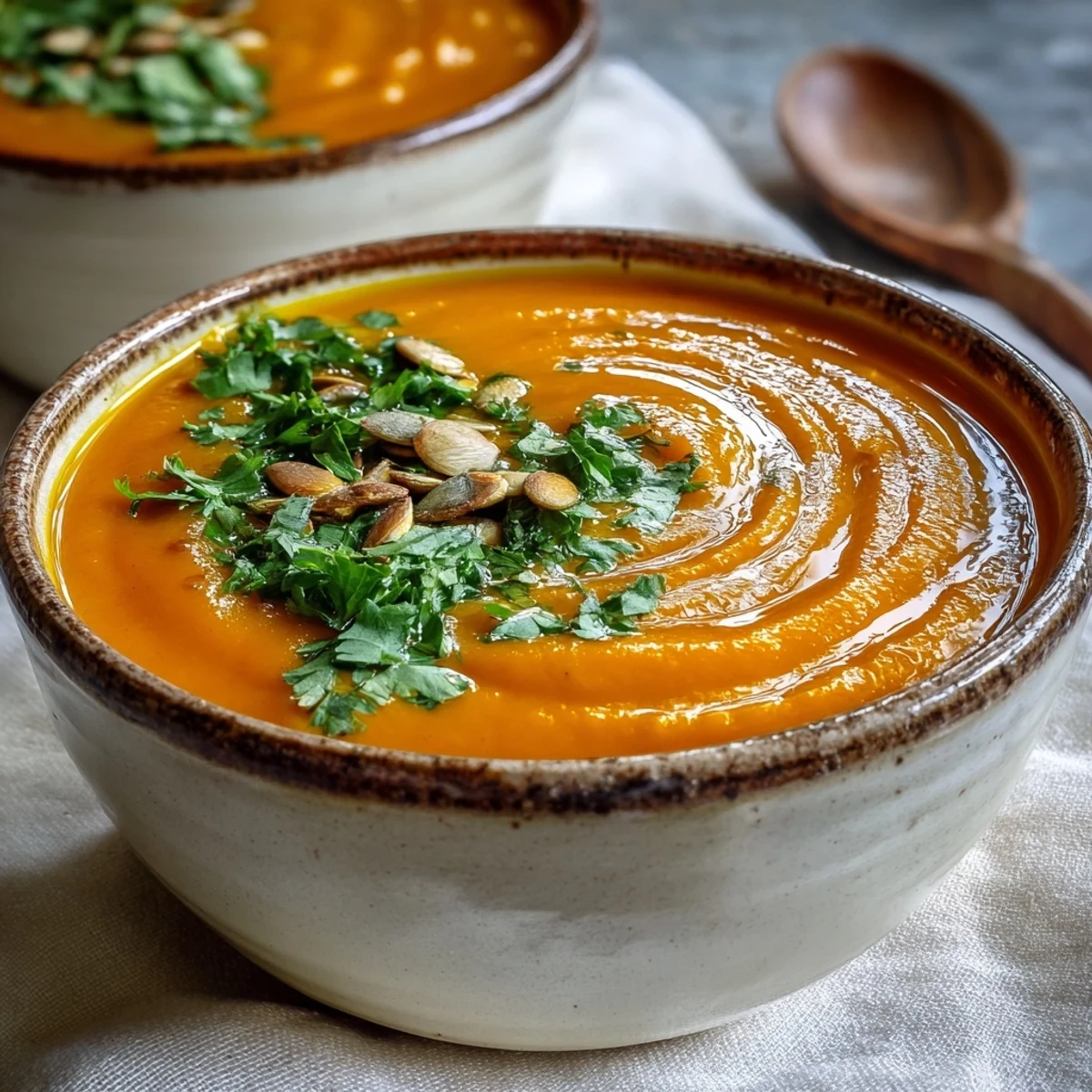 Vibrant orange Carrot Ginger Soup mit Zitronensaft und fein geriebenem Ingwer, dampfend heiß serviert.