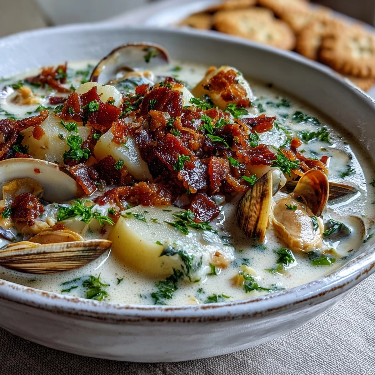 Creamy New England Clam Chowder with diced potatoes, bacon, and fresh parsley served hot in a rustic bowl.