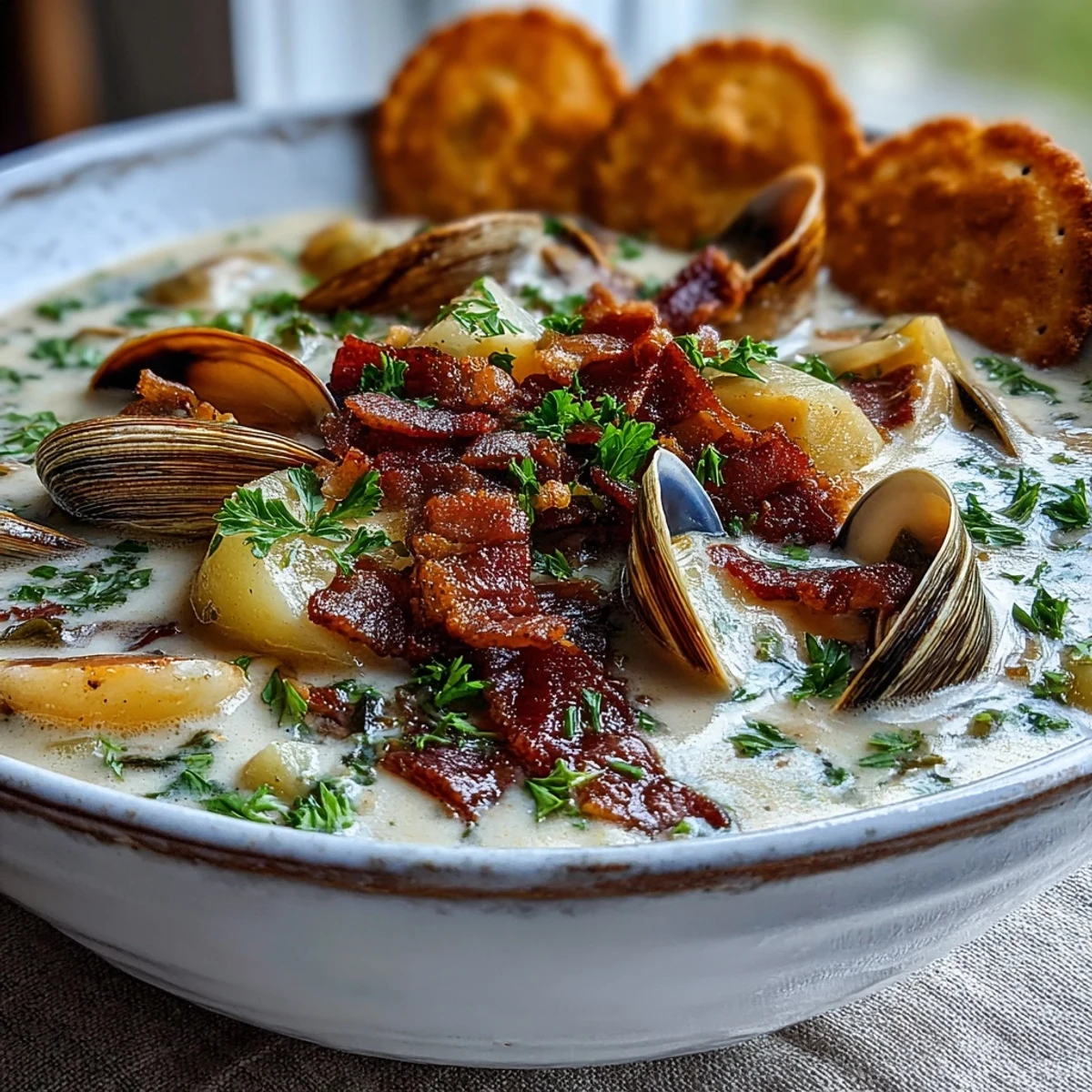 Hearty New England Clam Chowder featuring tender clams, rich broth, and a drizzle of cream, ready to enjoy with crusty bread.