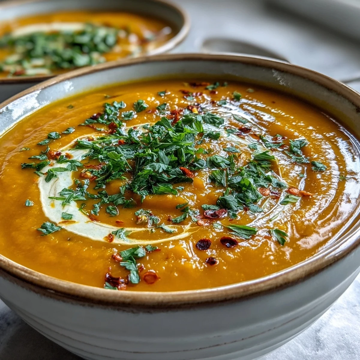 Smooth Carrot and Lentil Soup in a white bowl with warm spices, served alongside crusty bread for dipping.