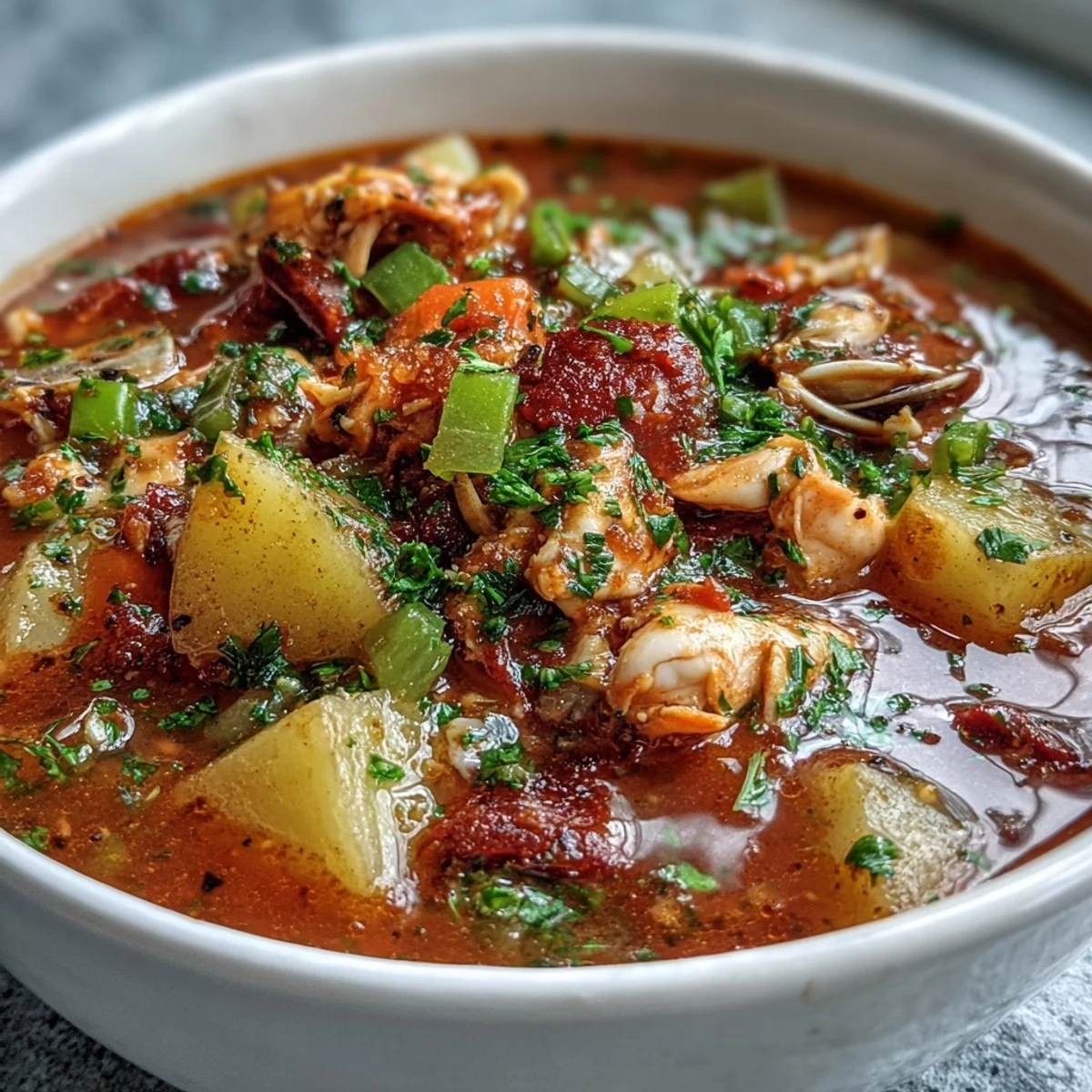 Heiße Manhattan Clam Chowder in einer Schüssel mit frischen Kräutern.