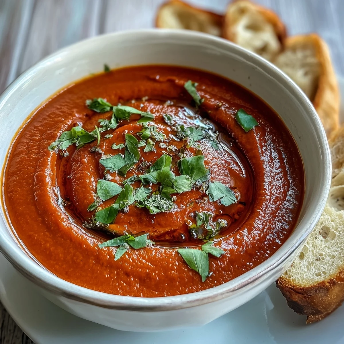 Scharfe Roastbeert-Suppe mit cremig-jalapeno-sahne, garniert mit frischen Korianderblättern und rustikalem Brot.