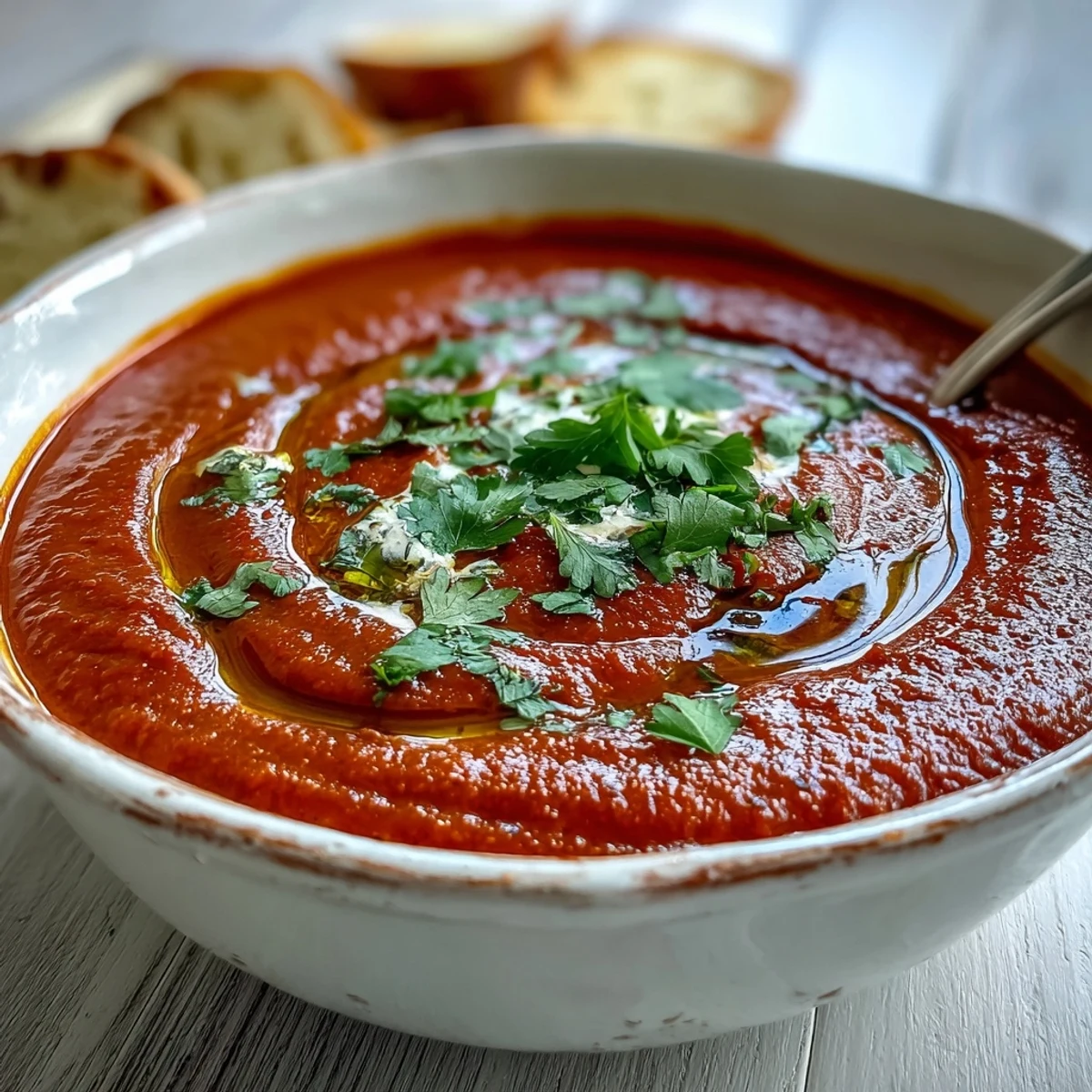 Würzige Roastbeert-Suppe in tiefen Tellern mit knoblauchigem Brot und zarten Korianderblättern garniert.