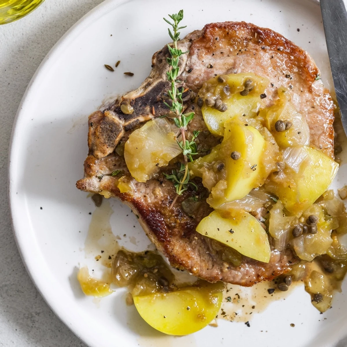 Saftige Schweinekoteletts mit einer aromatischen Apfel-Senf-Sauce serviert.