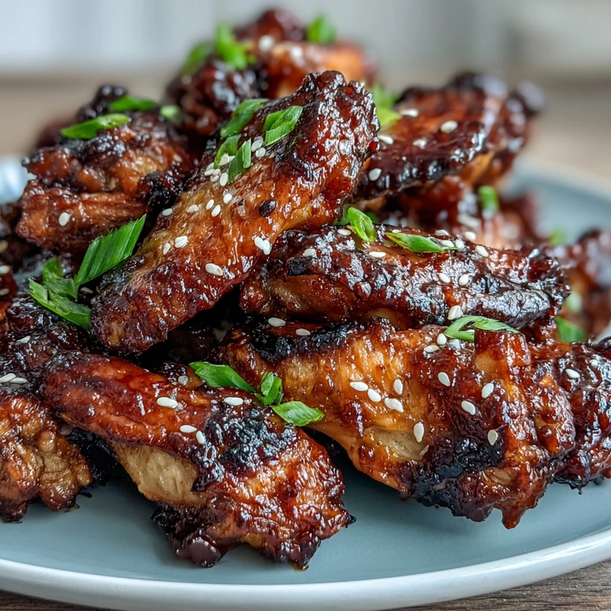 Klebrige Coca Cola Chicken Wings mit Sesam und Frühlingszwiebeln garniert, serviert auf einem Holzbrett.  