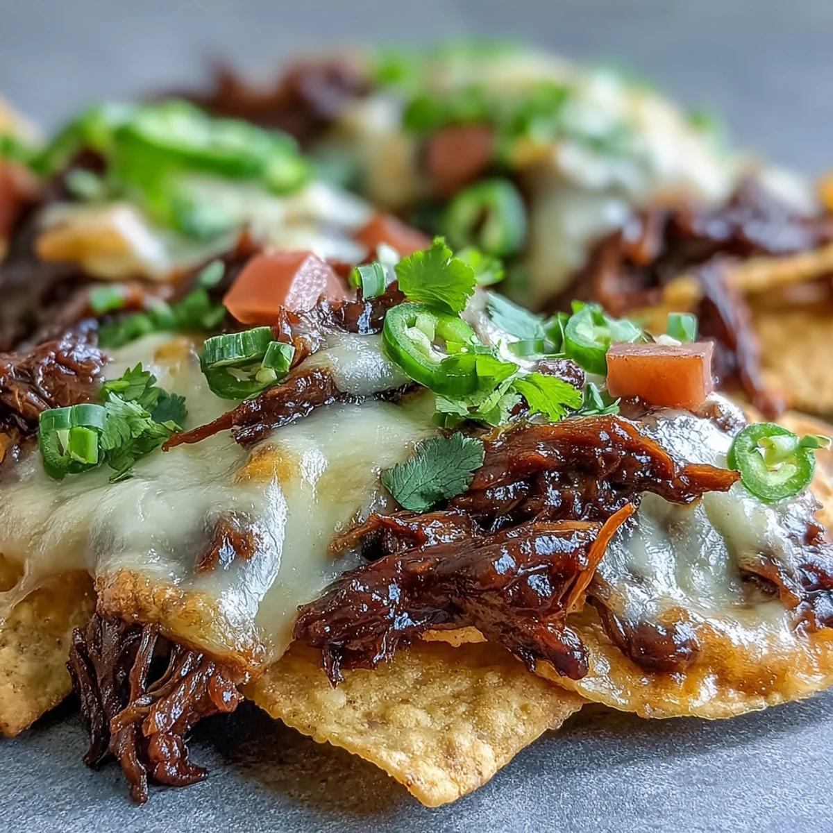Smoky BBQ Beef Nachos topped with melted cheddar and Monterey Jack cheese, served hot from the oven.