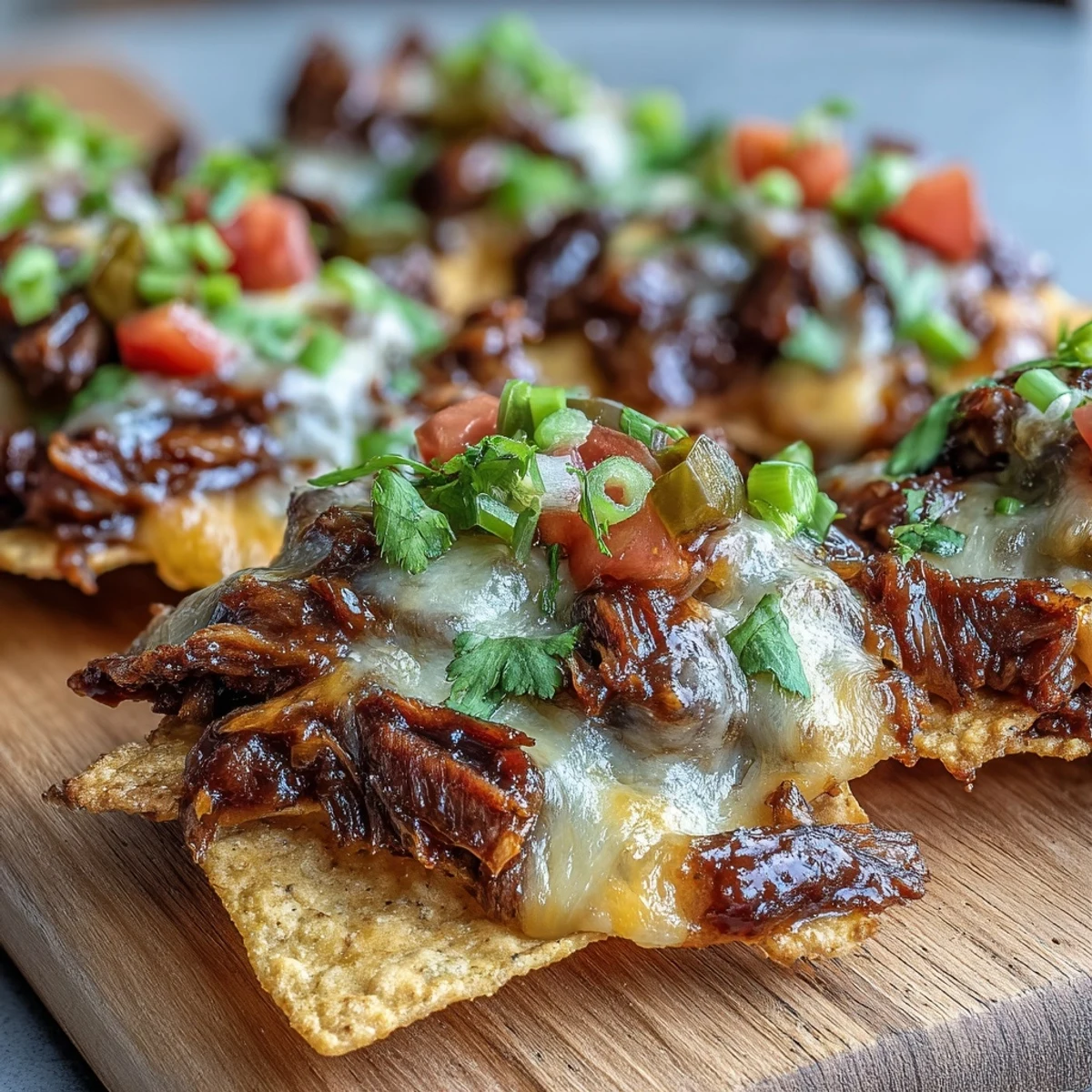 Freshly baked BBQ Beef Nachos with ground beef, barbecue sauce, tomatoes, and cilantro for a perfect game day snack.