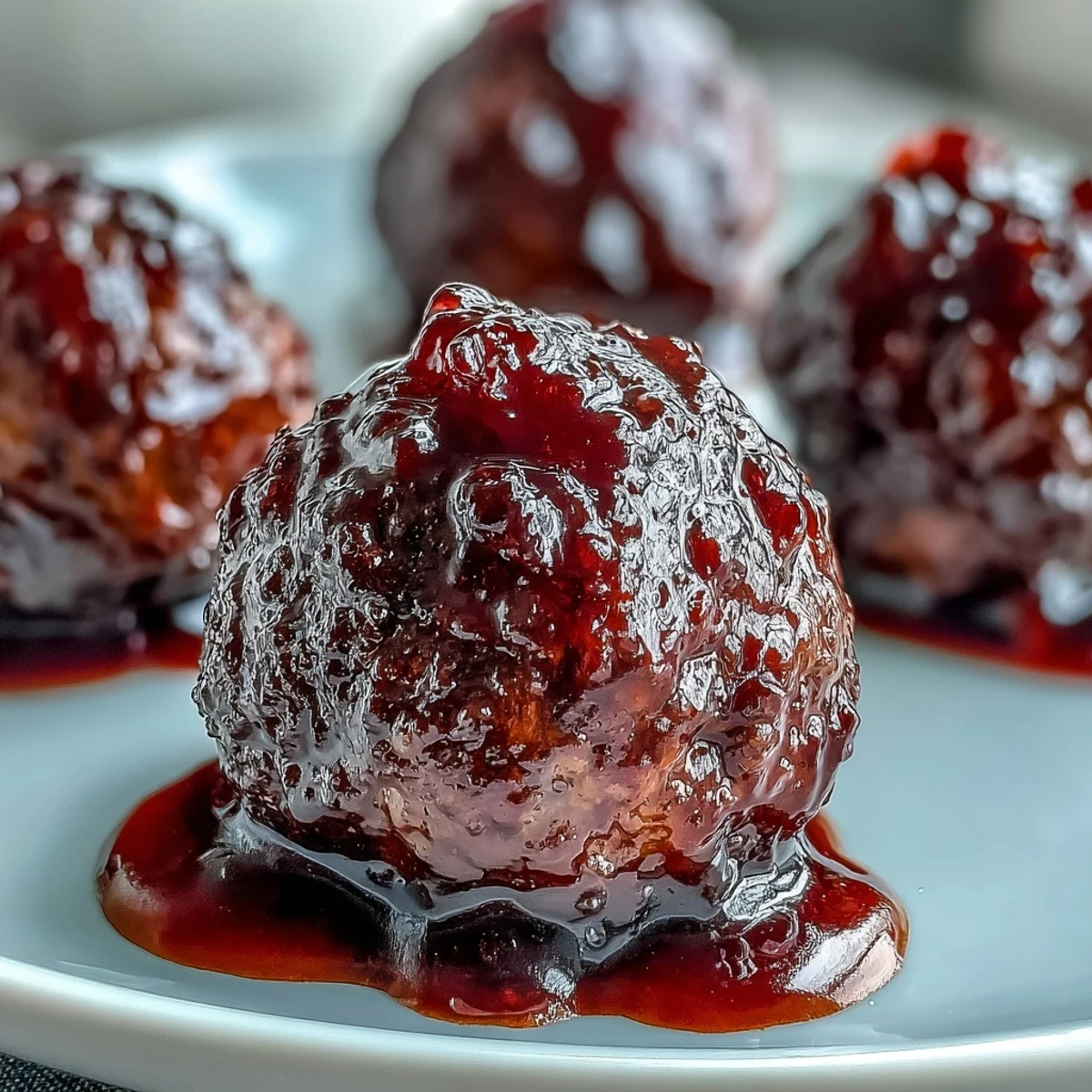 Gedünstete Fleischbällchen in einer schimmernden, rubinroten Sauce, perfekt serviert mit Zahnstochern für Gäste.
