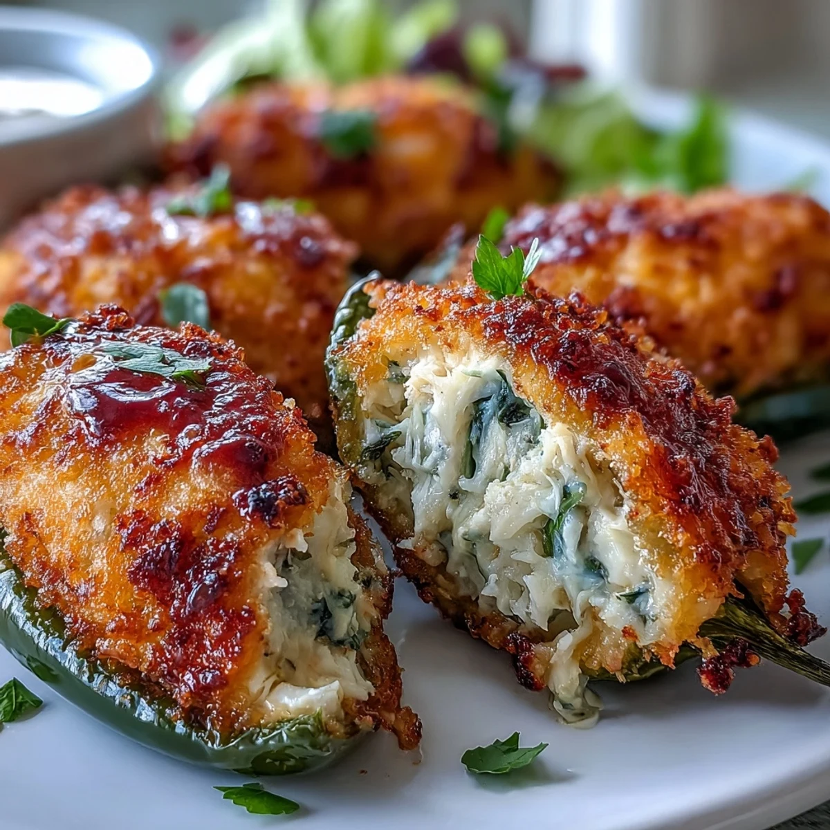 Golden-baked Cajun Crab Poppers with spicy jalapeño halves and melted cheddar cheese.