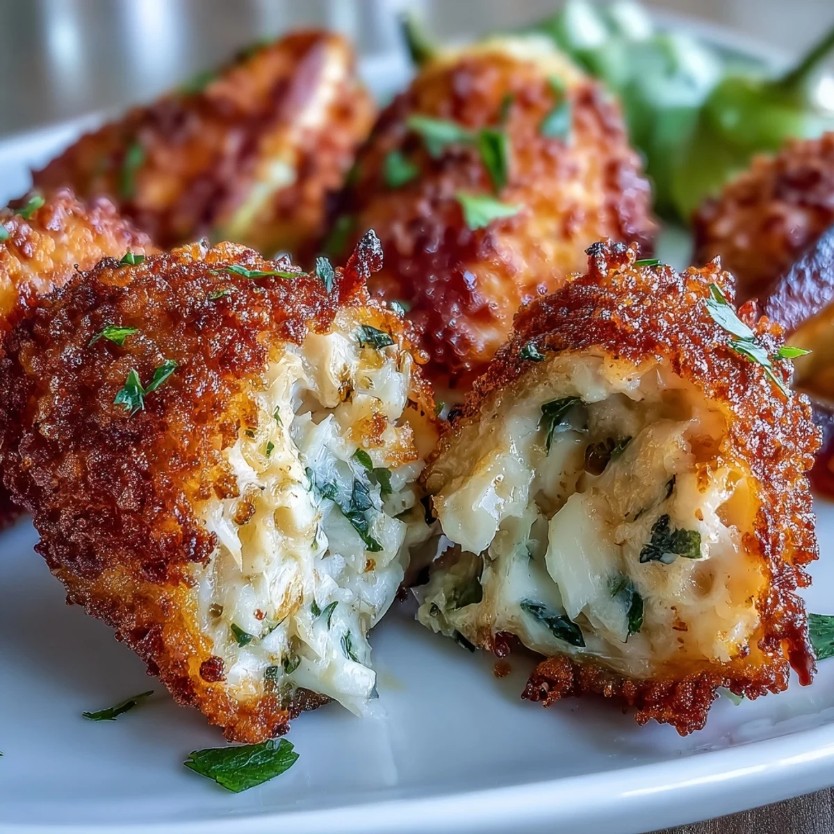 Spicy jalapeño poppers filled with creamy lump crabmeat and herbs, served with lemon wedges.