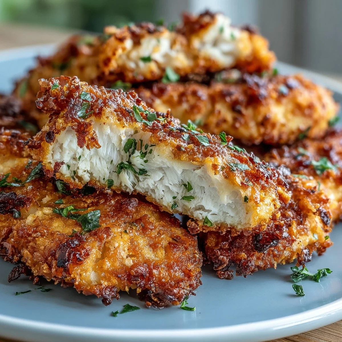 Air Fryer Chicken Strips mit knuspriger Panade und einem Joghurt-Dip serviert.