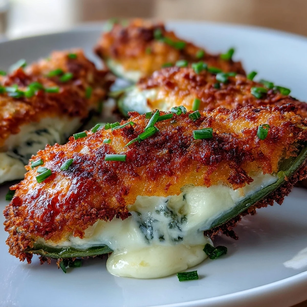 Goldbraune Air Fryer Jalapeño Poppers mit geschmolzener Käsefüllung auf einem Teller.