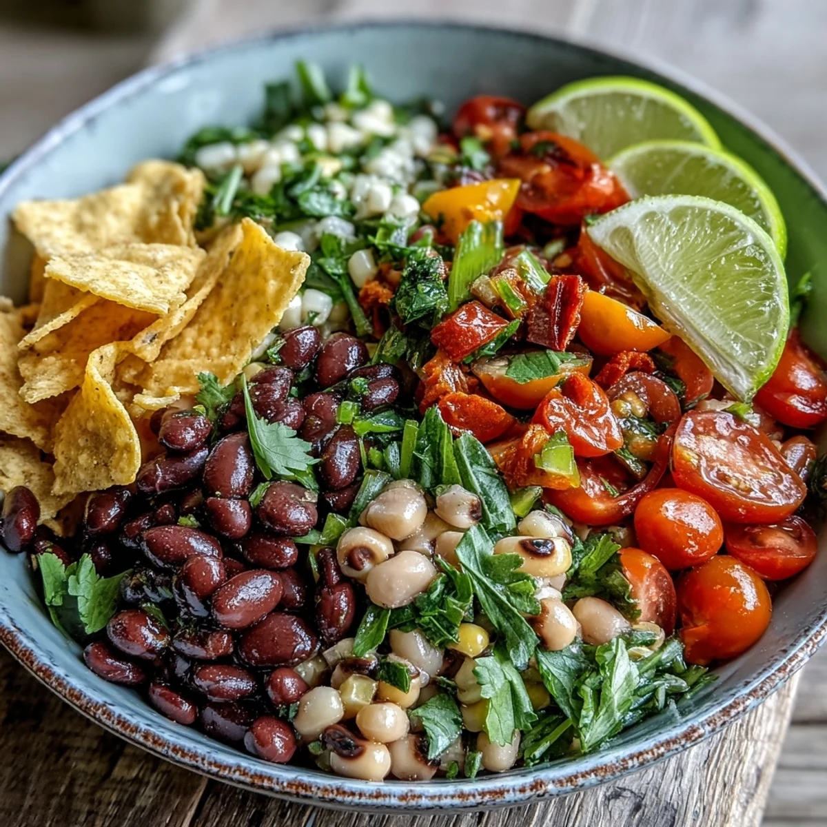 Ein bunter Schüsselsalat Cowboy Caviar mit schwarzen Bohnen, Mais, Paprika und frischer Koriander, angerichtet in einer Schüssel.