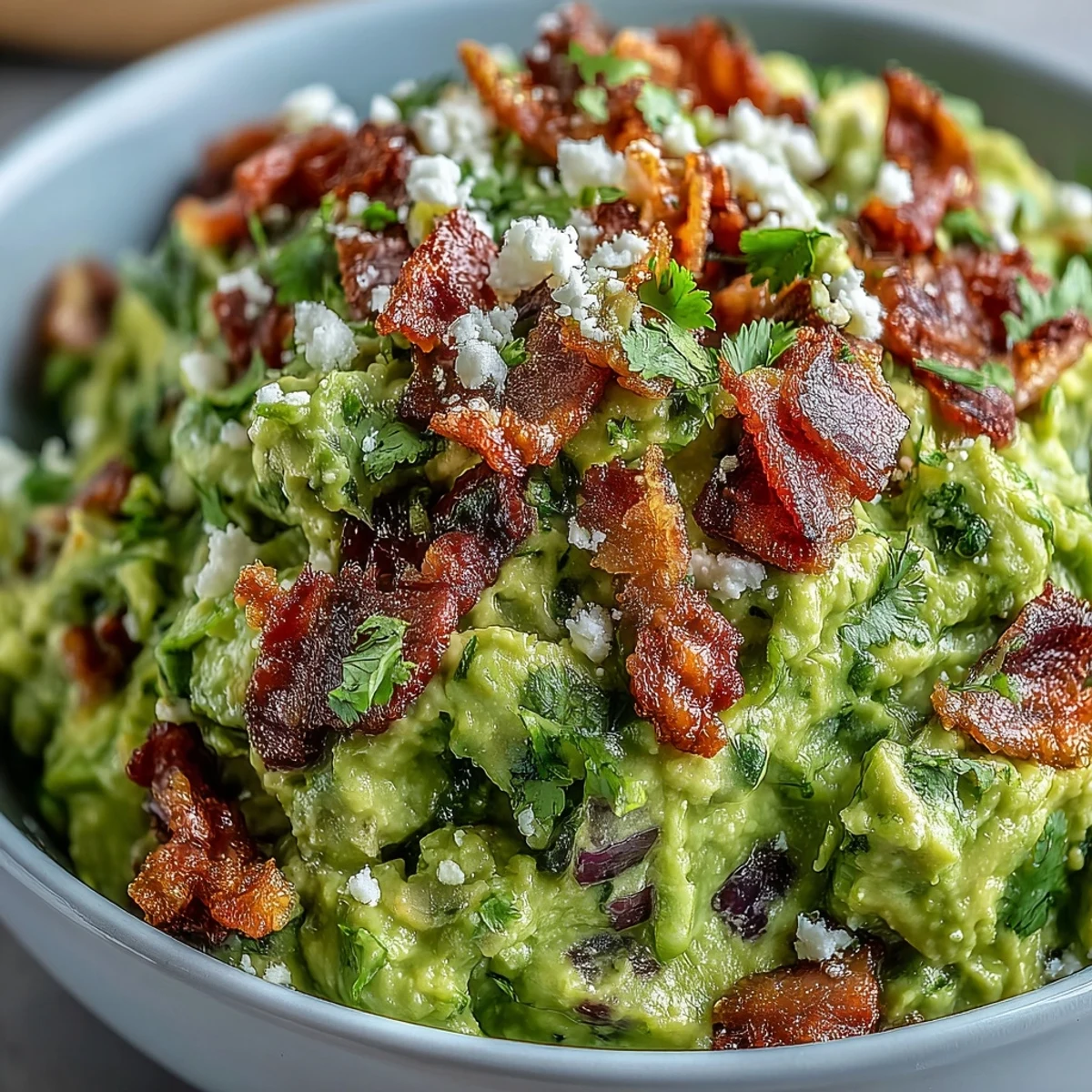 Hearty Bacon Guacamole With Cotija Cheese garnished with bacon crumbles and cilantro on a platter.