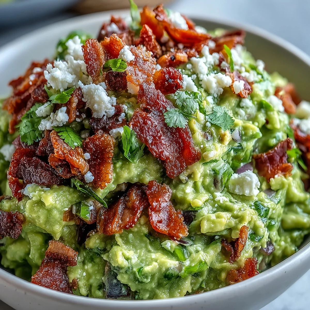 Fresh Bacon Guacamole With Cotija Cheese topped with jalapeños and lime wedges for a zesty bite.
