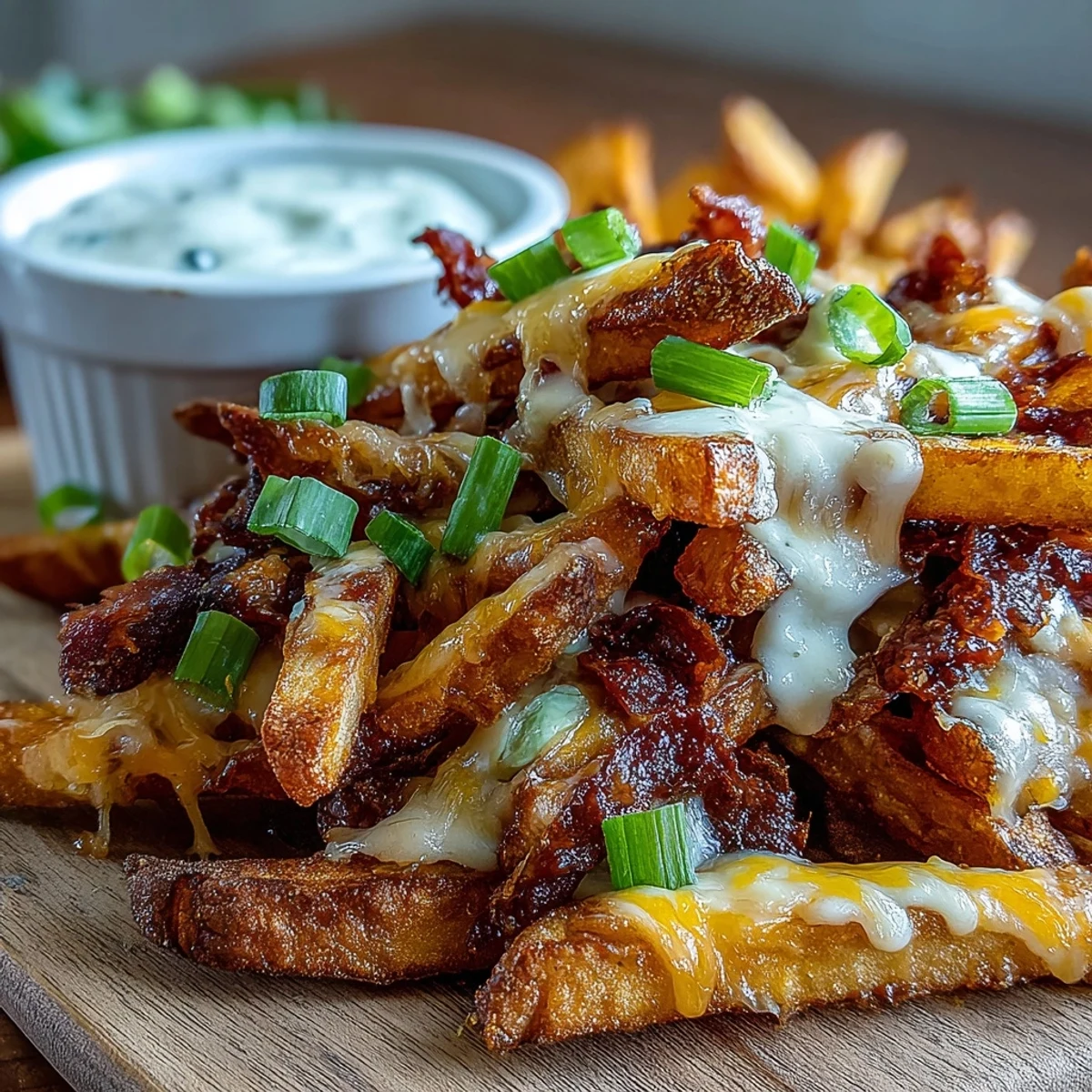 Ein großer Teller mit Cheesy BBQ Fries, bedeckt mit glänzendem Käse, dazu eine schale selbstgemachter Ranch-Dip und frische Kräuter.