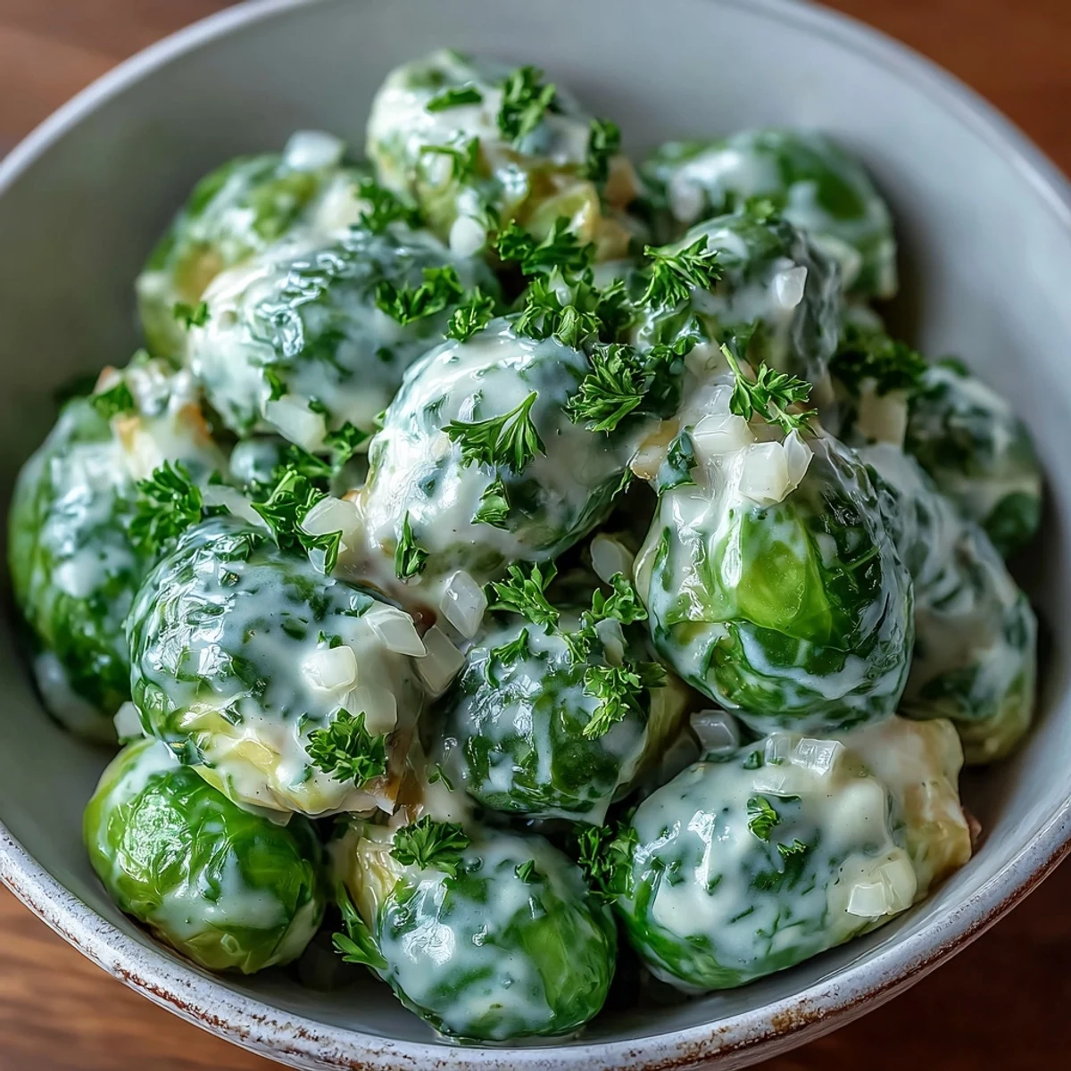 Creamy Brussels sprouts in a cream cheese mustard sauce, served warm for dinner.